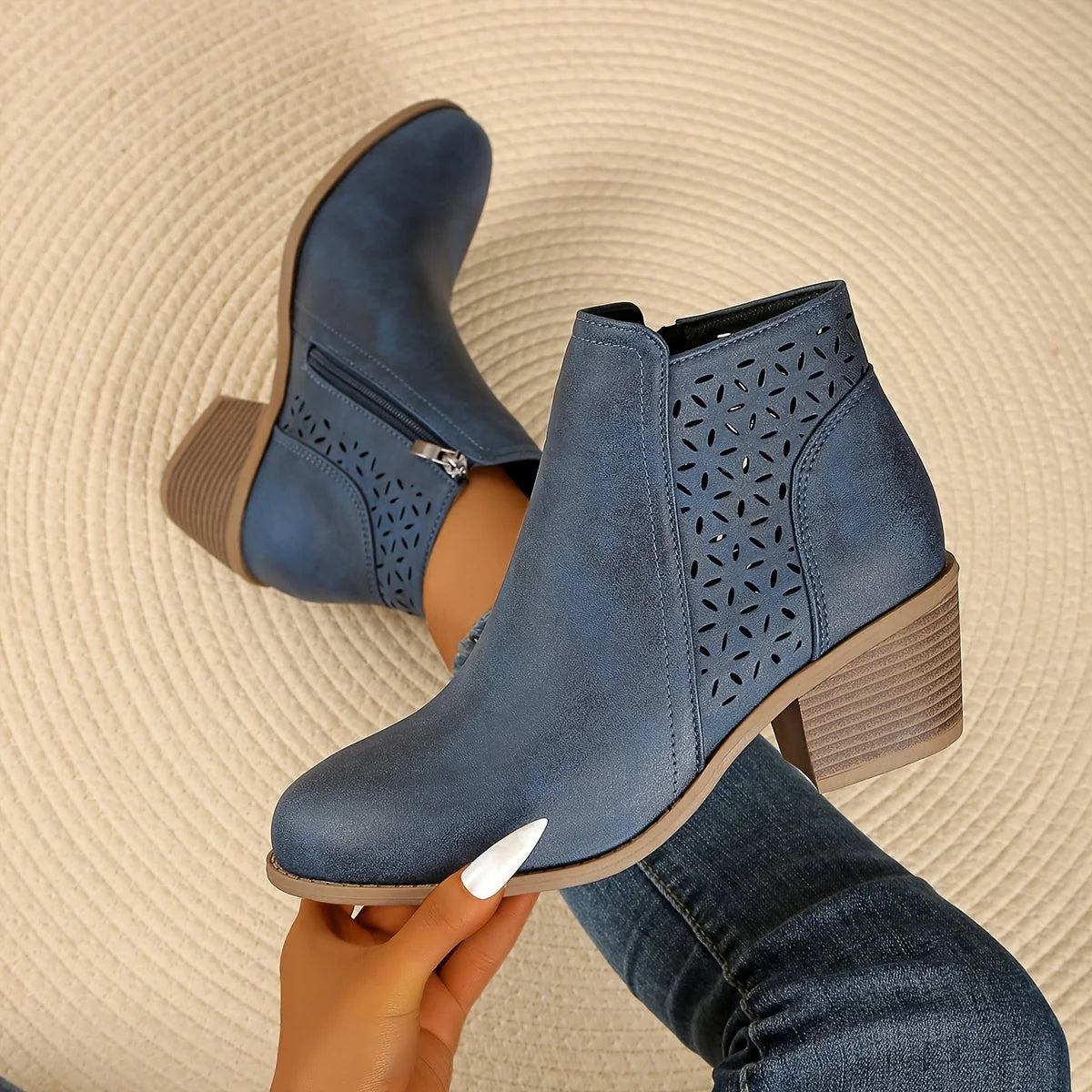 Mia | Laser-Cut Ankle Boots with Stacked Heel