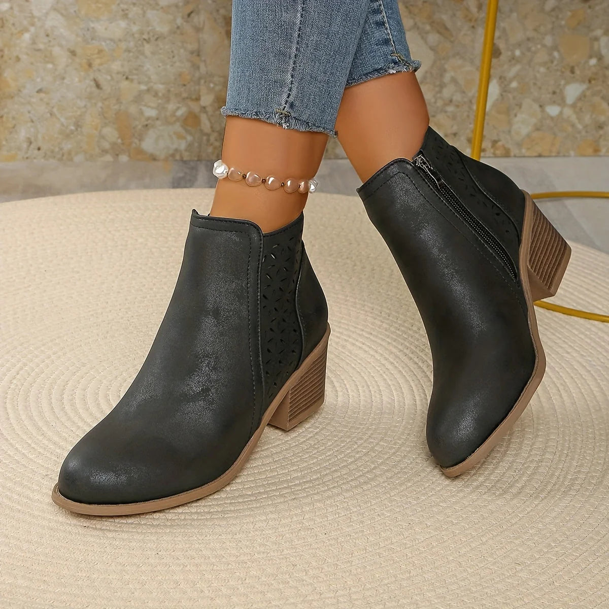 Mia | Laser-Cut Ankle Boots with Stacked Heel