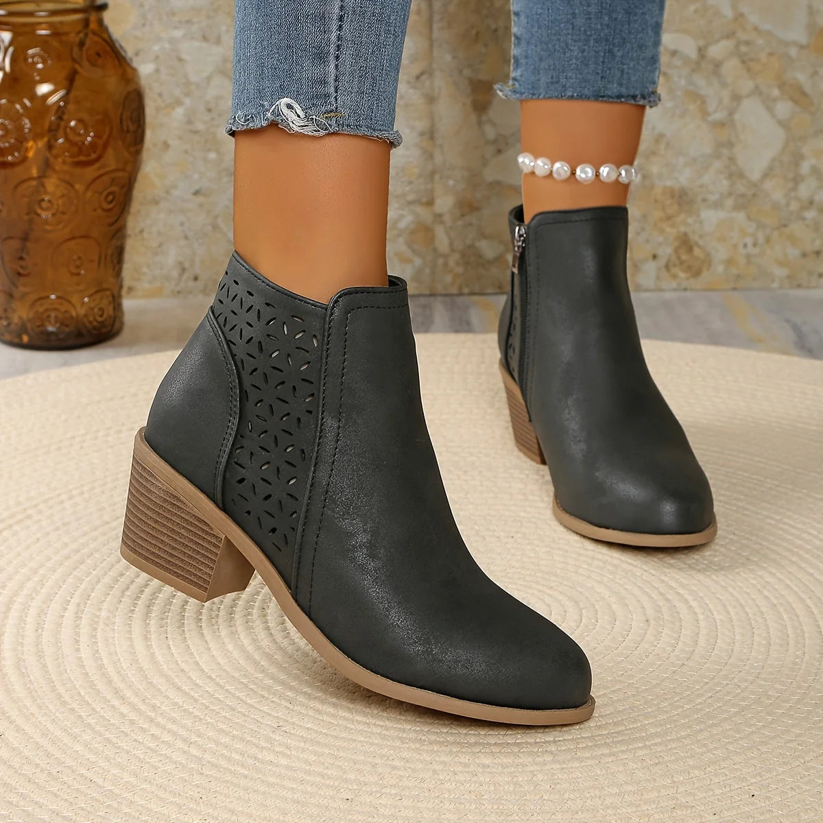 Mia | Laser-Cut Ankle Boots with Stacked Heel