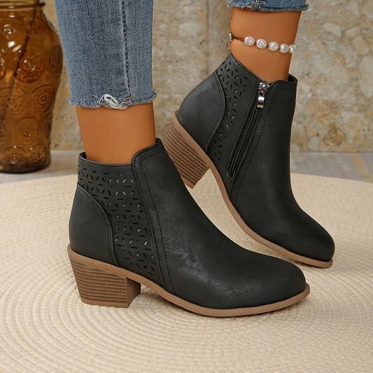 Mia | Laser-Cut Ankle Boots with Stacked Heel