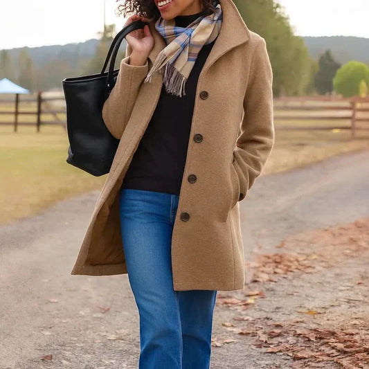 Naomi | Notched Lapel Pea Coat with Button-Front Design and Long Sleeves