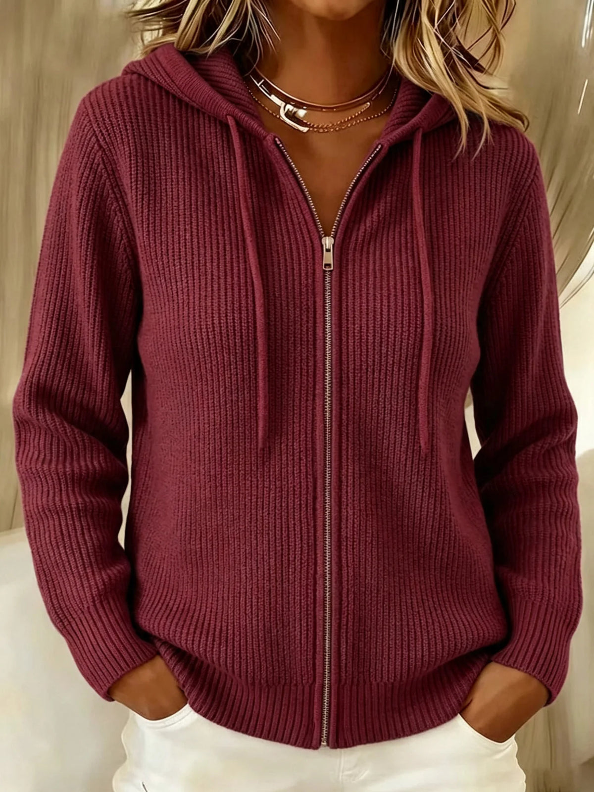 Nora | Ribbed Knit Zip-Up Hoodie Cardigan with Drawstring Hood