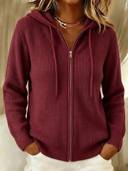 Nora | Ribbed Knit Zip-Up Hoodie Cardigan with Drawstring Hood