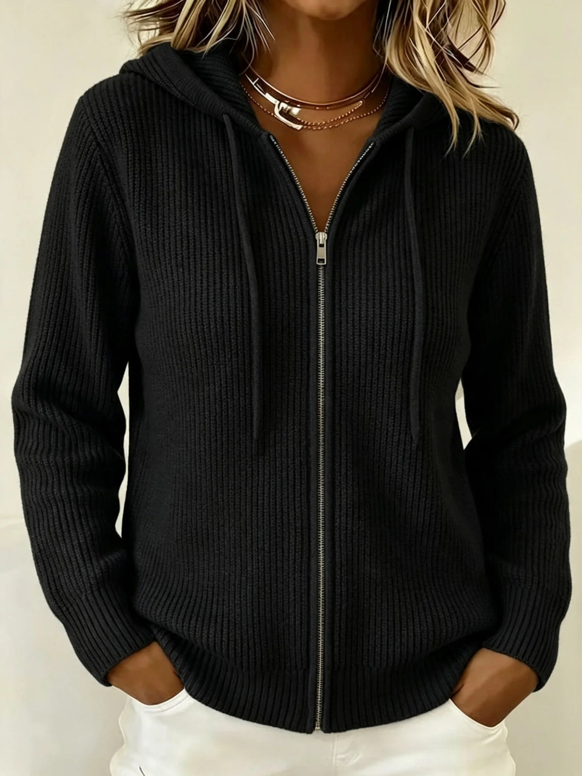 Nora | Ribbed Knit Zip-Up Hoodie Cardigan with Drawstring Hood