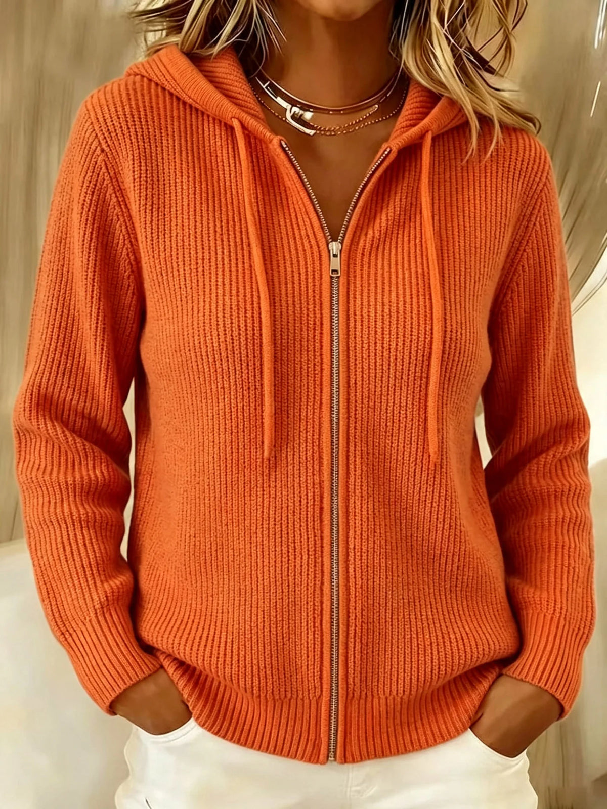 Nora | Ribbed Knit Zip-Up Hoodie Cardigan with Drawstring Hood