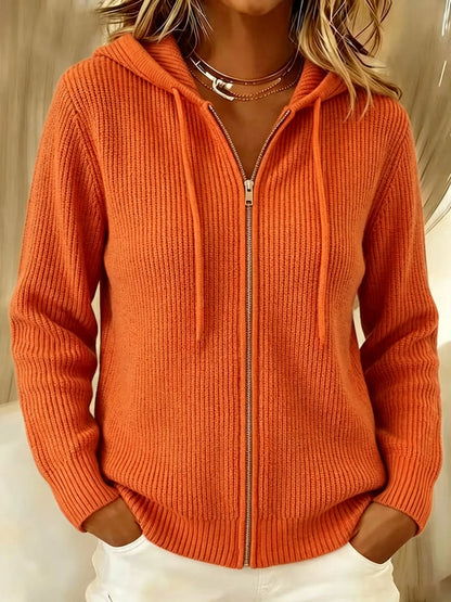 Nora | Ribbed Knit Zip-Up Hoodie Cardigan with Drawstring Hood