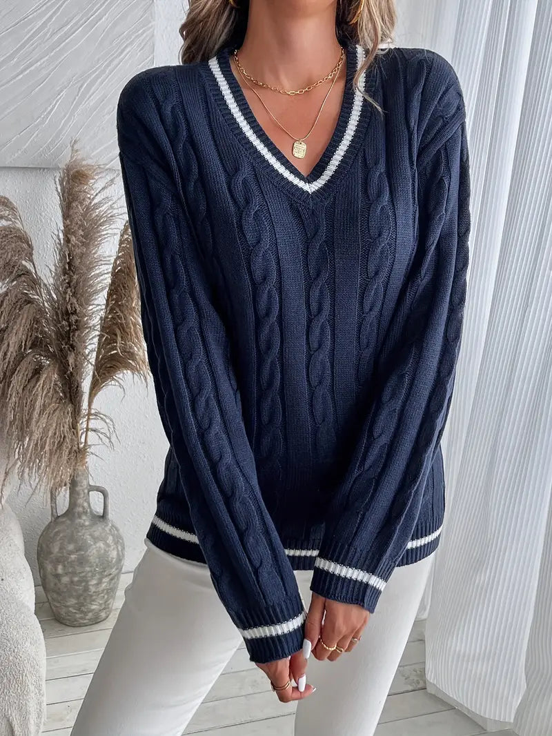 Violet | Cable Knit V-Neck Sweater with Striped Trim for Fall