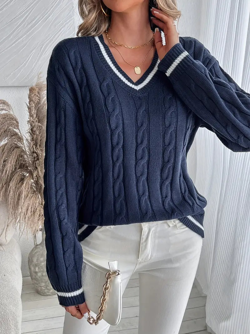 Violet | Cable Knit V-Neck Sweater with Striped Trim for Fall