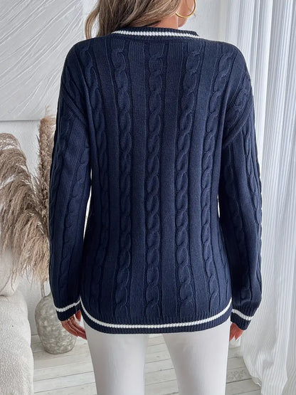 Violet | Cable Knit V-Neck Sweater with Striped Trim for Fall
