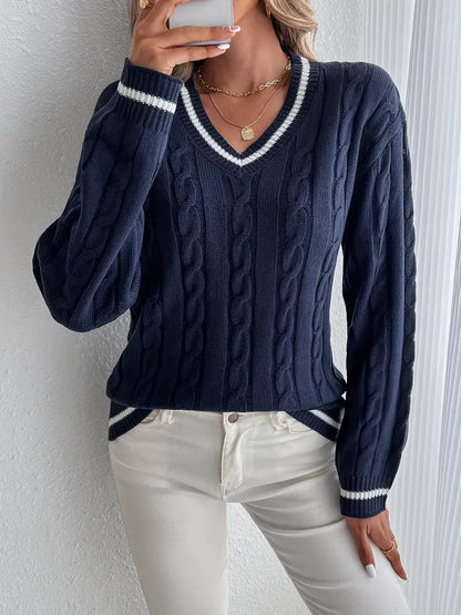Violet | Cable Knit V-Neck Sweater with Striped Trim for Fall