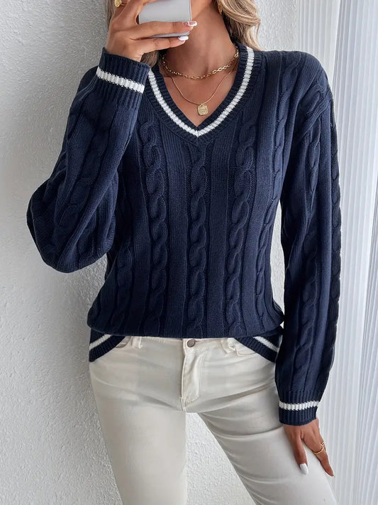 Violet | Cable Knit V-Neck Sweater with Striped Trim for Fall