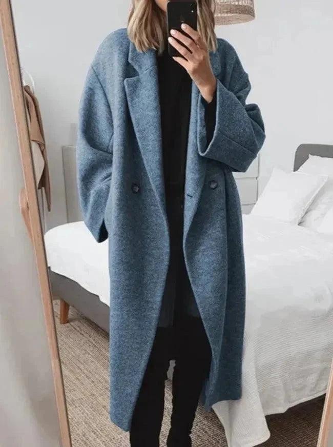 Violet | Oversized Double-Breasted Long Coat with Notched Lapel