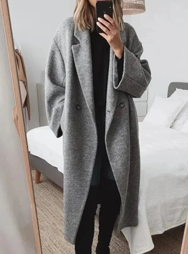 Violet | Oversized Double-Breasted Long Coat with Notched Lapel